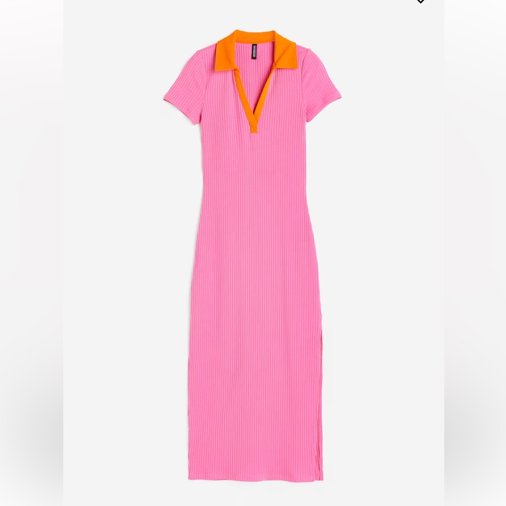 H$M Pink Ribbed Polo Maxi Dress with Orange Collar. Size M